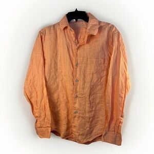 Caribbean Peachy Orange Linen Button Up Top Beachy Coastal Roll Tab Sleeve Small